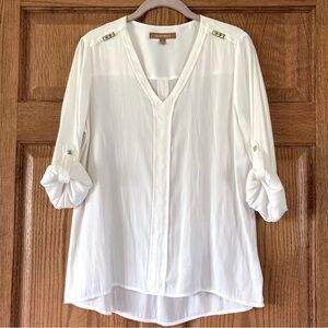 Pretty Ellen Tracy White Top with Roll Sleeves Small